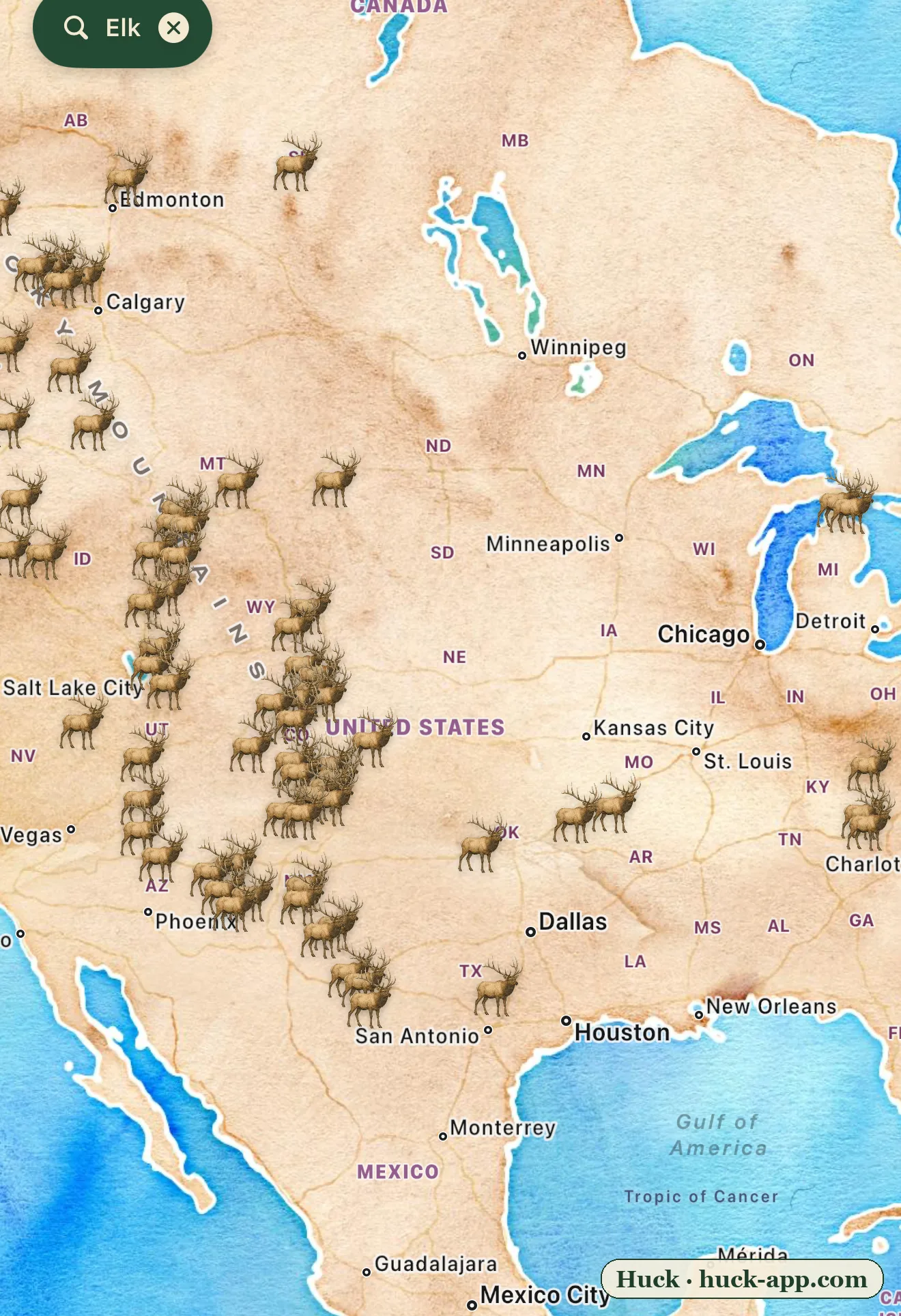 Illustrated map of North America showing elk sightings dense across the Rocky Mountains and intermountain West, with distinct reintroduced outposts in Michigan, the southern Appalachians, Kentucky, and the Arkansas Ozarks