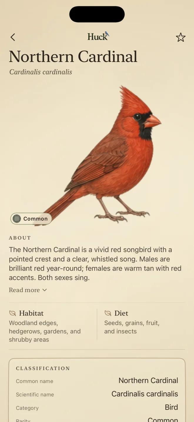 Huck app screenshot: Species page